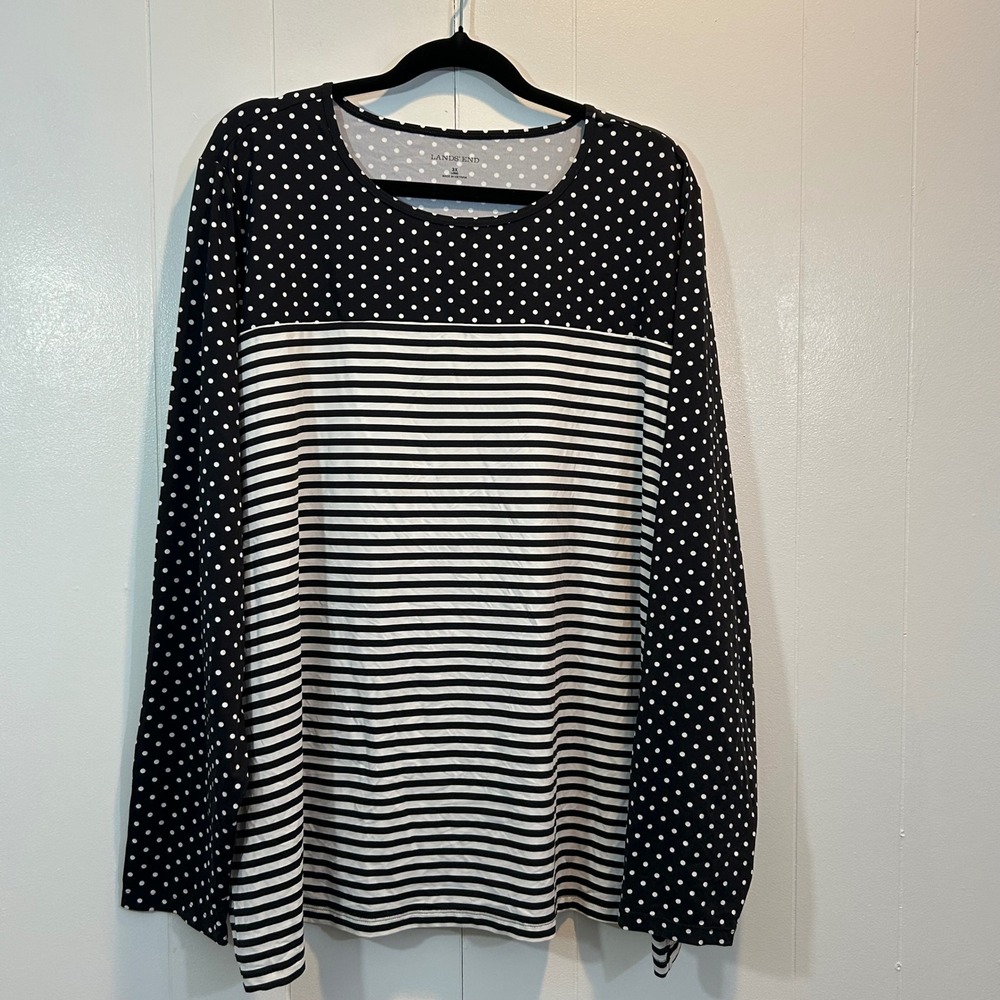 Lands End Womens 3XL Long Polka‎ Dot Striped Long Sleeve Top Black White 24W-26W